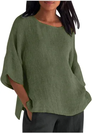 Linen Shirts for Women 3/4 Sleeve Crewneck Oversized T Shirts Loose Casual Blouses Lightweight Trendy Summer Tops
