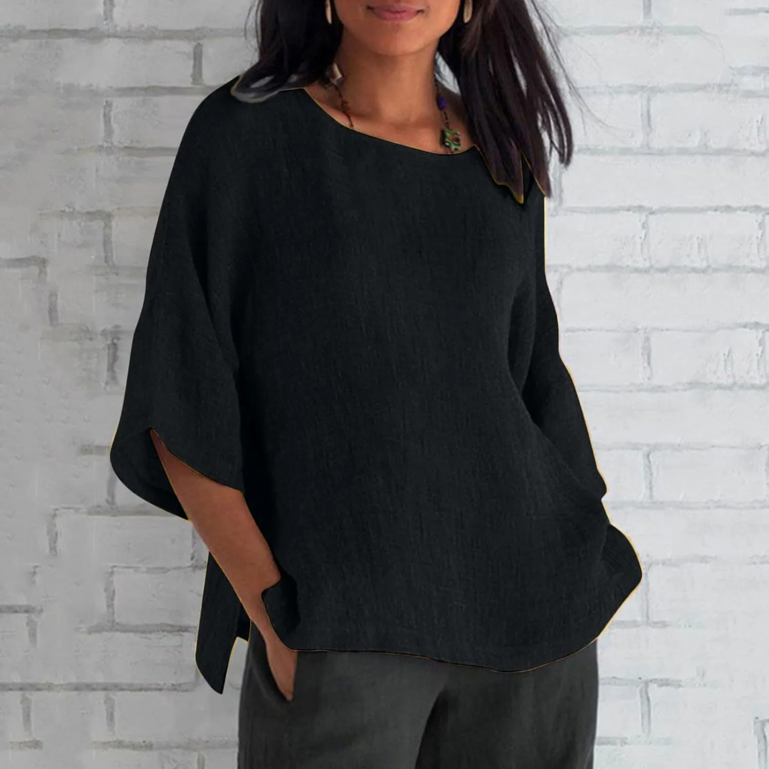 Linen Shirts for Women 3/4 Sleeve Crewneck Oversized T Shirts Loose Casual Blouses Lightweight Trendy Summer Tops