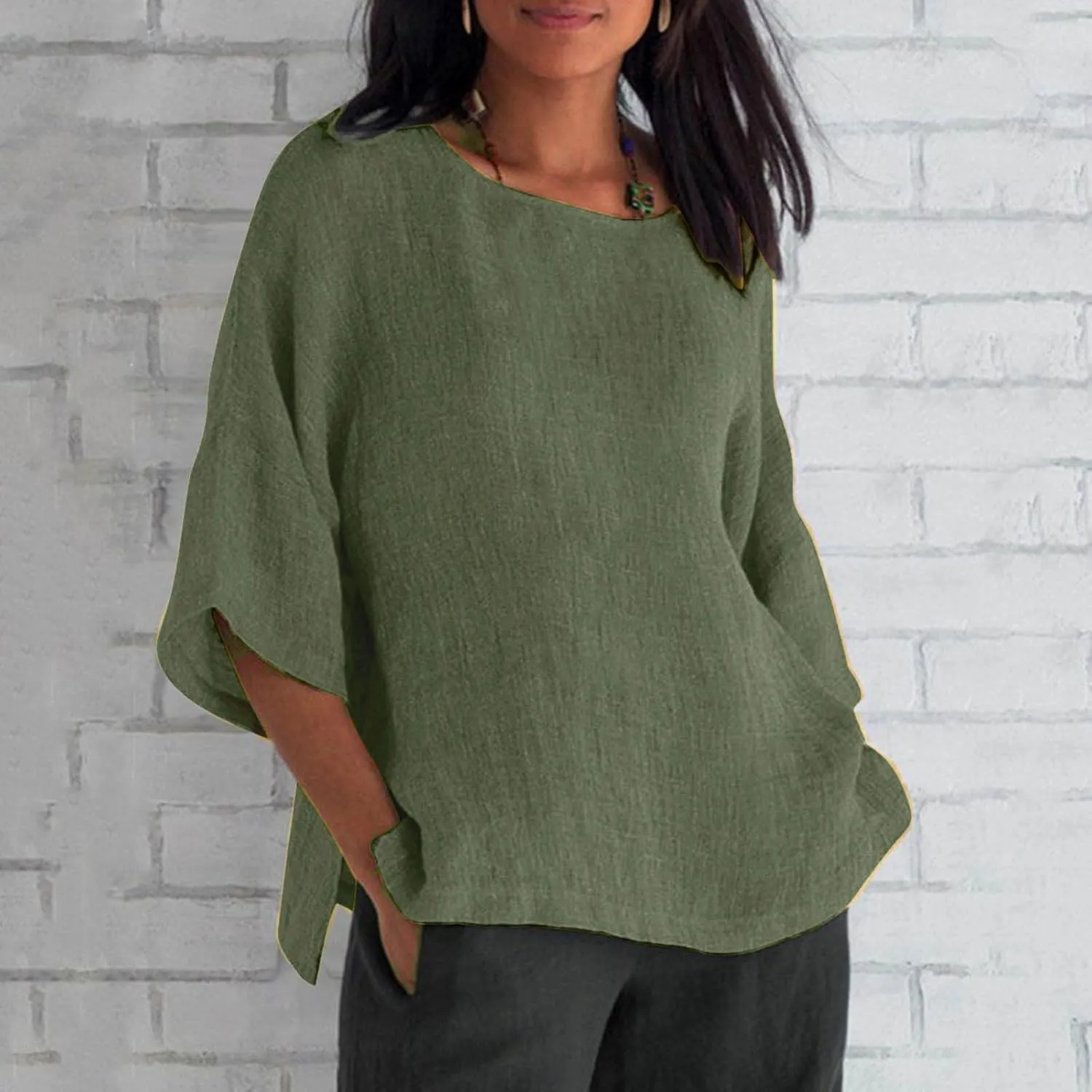 Linen Shirts for Women 3/4 Sleeve Crewneck Oversized T Shirts Loose Casual Blouses Lightweight Trendy Summer Tops
