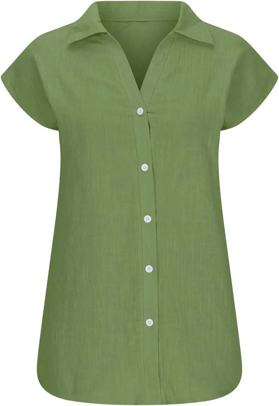 Linen Shirts for Women Short Sleeve Button Down Solid Cotton Linen Blouse Summer Spring Fashion Office Work Top Tees