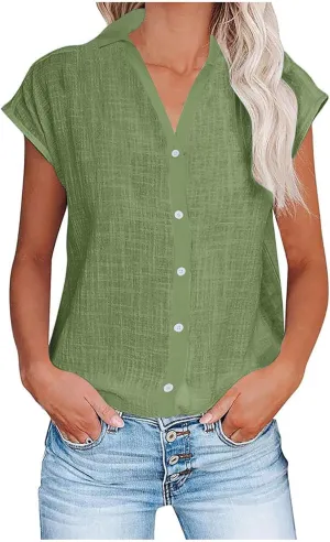 Linen Shirts for Women Short Sleeve Button Down Solid Cotton Linen Blouse Summer Spring Fashion Office Work Top Tees