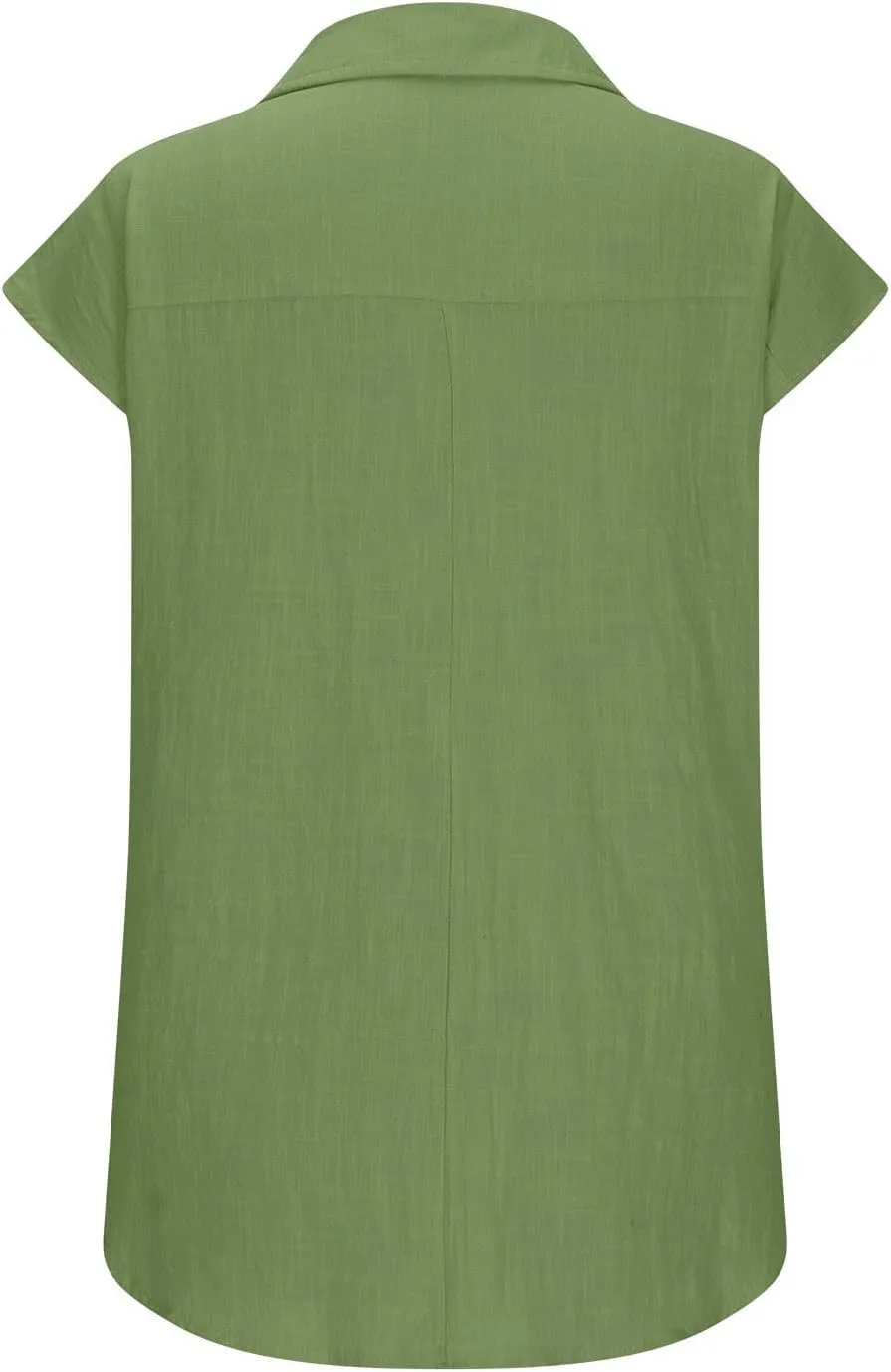 Linen Shirts for Women Short Sleeve Button Down Solid Cotton Linen Blouse Summer Spring Fashion Office Work Top Tees
