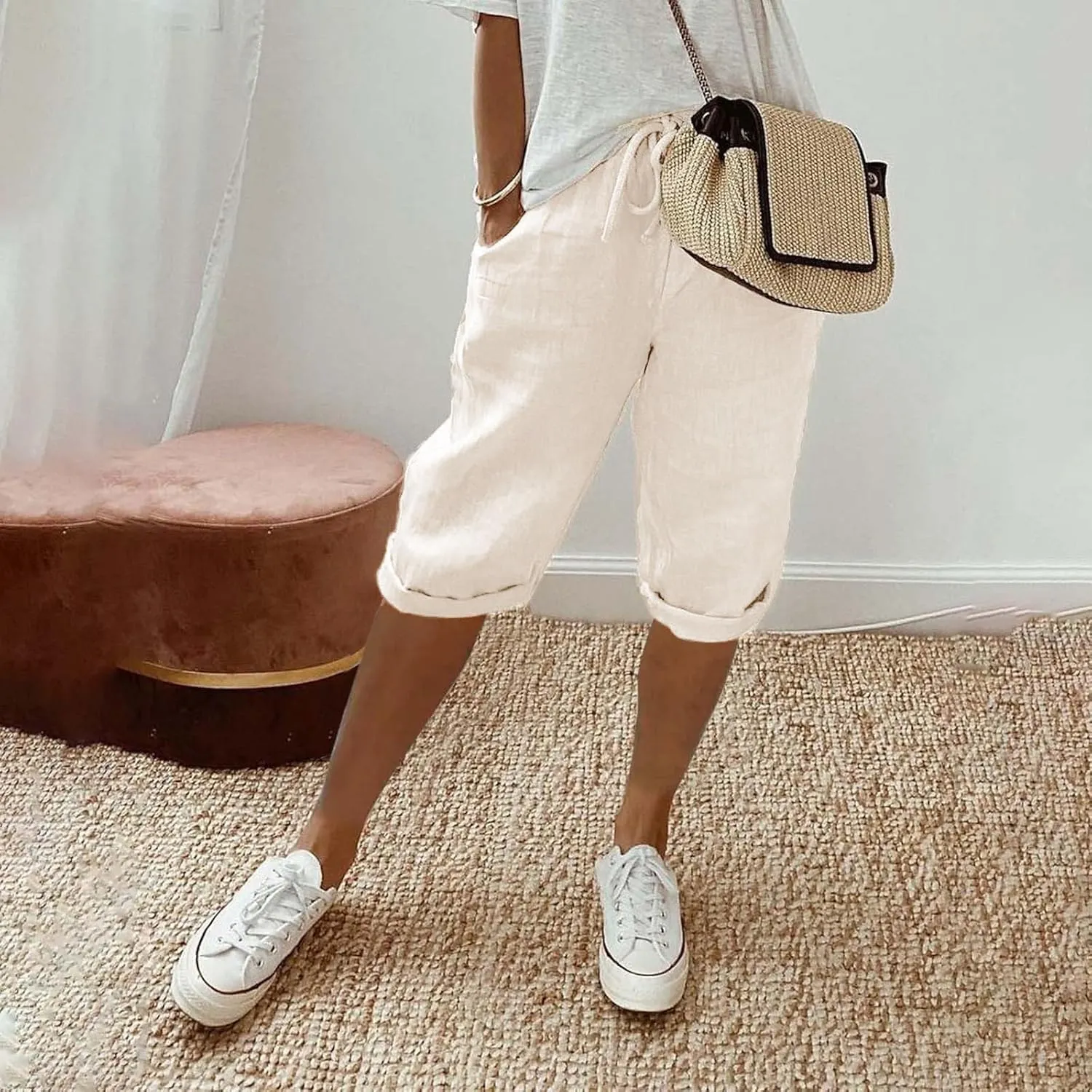 Linen Shorts for Women Knee Length 2025 Striped Bermuda Shorts Summer Casual Elastic Waisted Shorts with Pockets