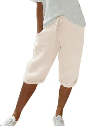 Linen Shorts for Women Knee Length 2025 Striped Bermuda Shorts Summer Casual Elastic Waisted Shorts with Pockets