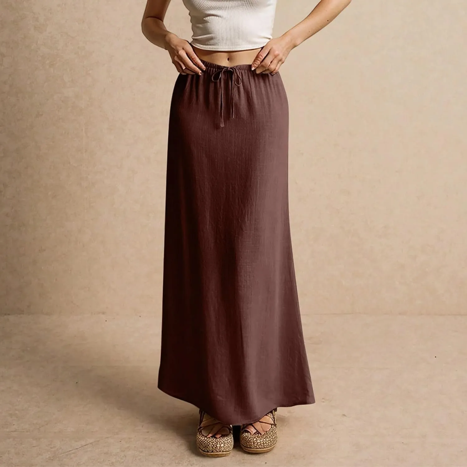Linen Skirts for Women Trendy Summer Loose Low Rise Maxi Skirts Lightweight Drawstring Boho Beach A Line Long Skirt