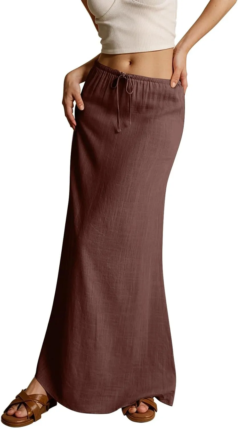 Linen Skirts for Women Trendy Summer Loose Low Rise Maxi Skirts Lightweight Drawstring Boho Beach A Line Long Skirt