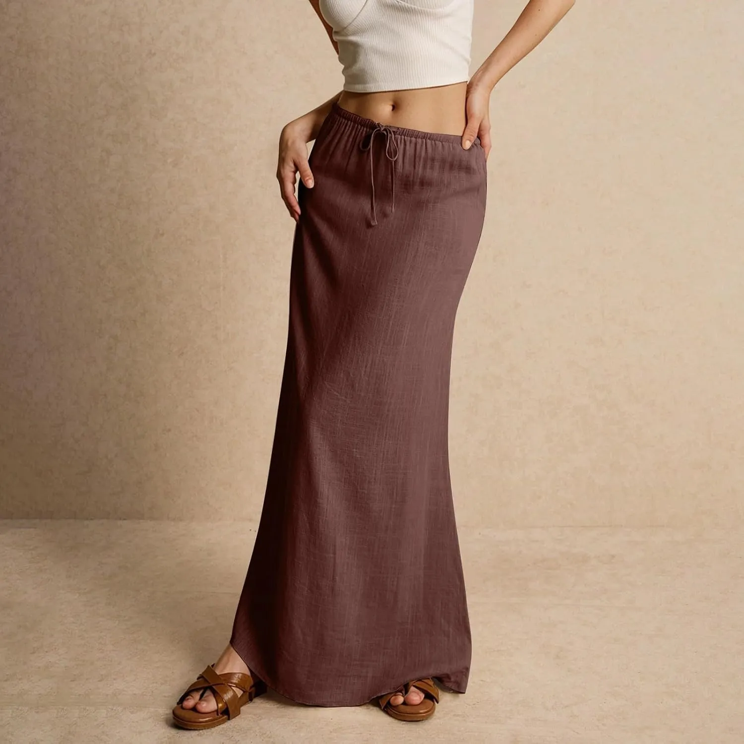 Linen Skirts for Women Trendy Summer Loose Low Rise Maxi Skirts Lightweight Drawstring Boho Beach A Line Long Skirt