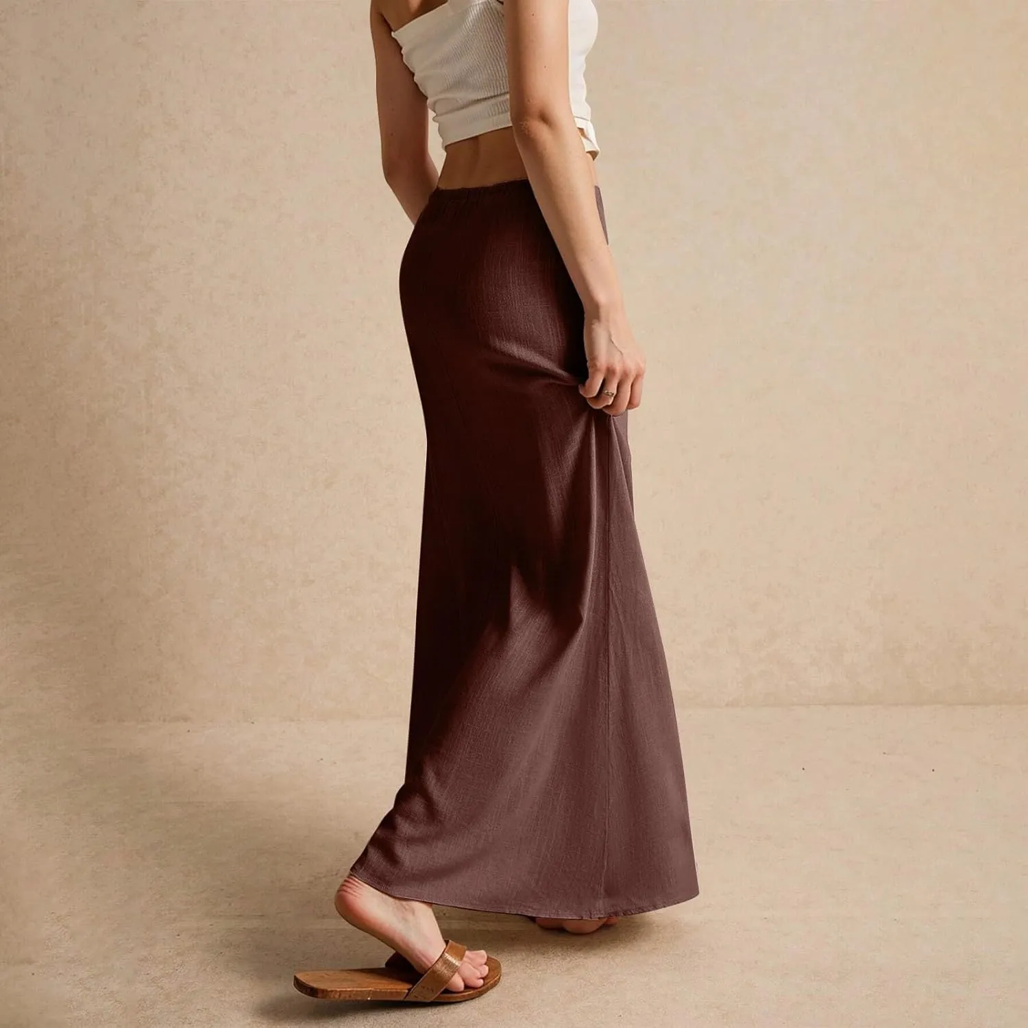 Linen Skirts for Women Trendy Summer Loose Low Rise Maxi Skirts Lightweight Drawstring Boho Beach A Line Long Skirt