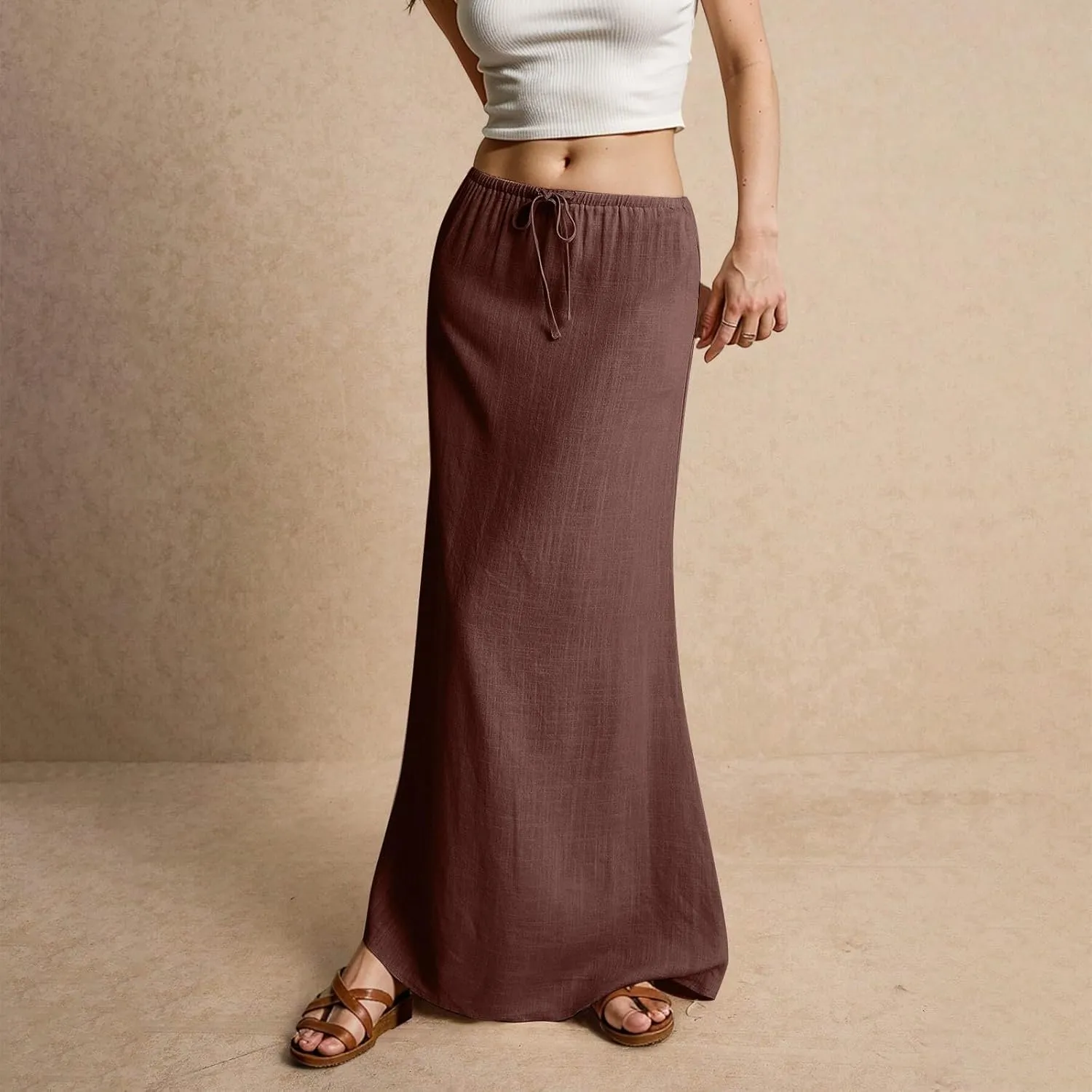 Linen Skirts for Women Trendy Summer Loose Low Rise Maxi Skirts Lightweight Drawstring Boho Beach A Line Long Skirt