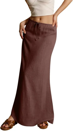 Linen Skirts for Women Trendy Summer Loose Low Rise Maxi Skirts Lightweight Drawstring Boho Beach A Line Long Skirt