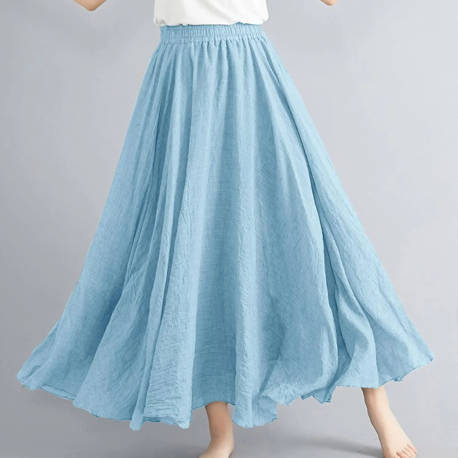 Linen Skirts Women Elastic Waist Boho Skirt Summer Beach Skirts Flowy Vacation Skirts Casual Maxi Skirts A Line Skirt