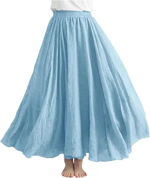 Linen Skirts Women Elastic Waist Boho Skirt Summer Beach Skirts Flowy Vacation Skirts Casual Maxi Skirts A Line Skirt