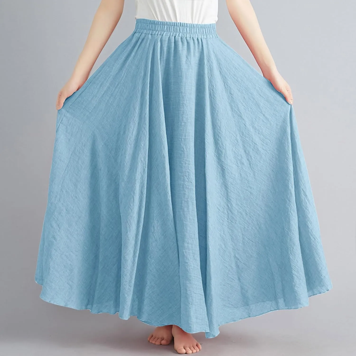 Linen Skirts Women Elastic Waist Boho Skirt Summer Beach Skirts Flowy Vacation Skirts Casual Maxi Skirts A Line Skirt