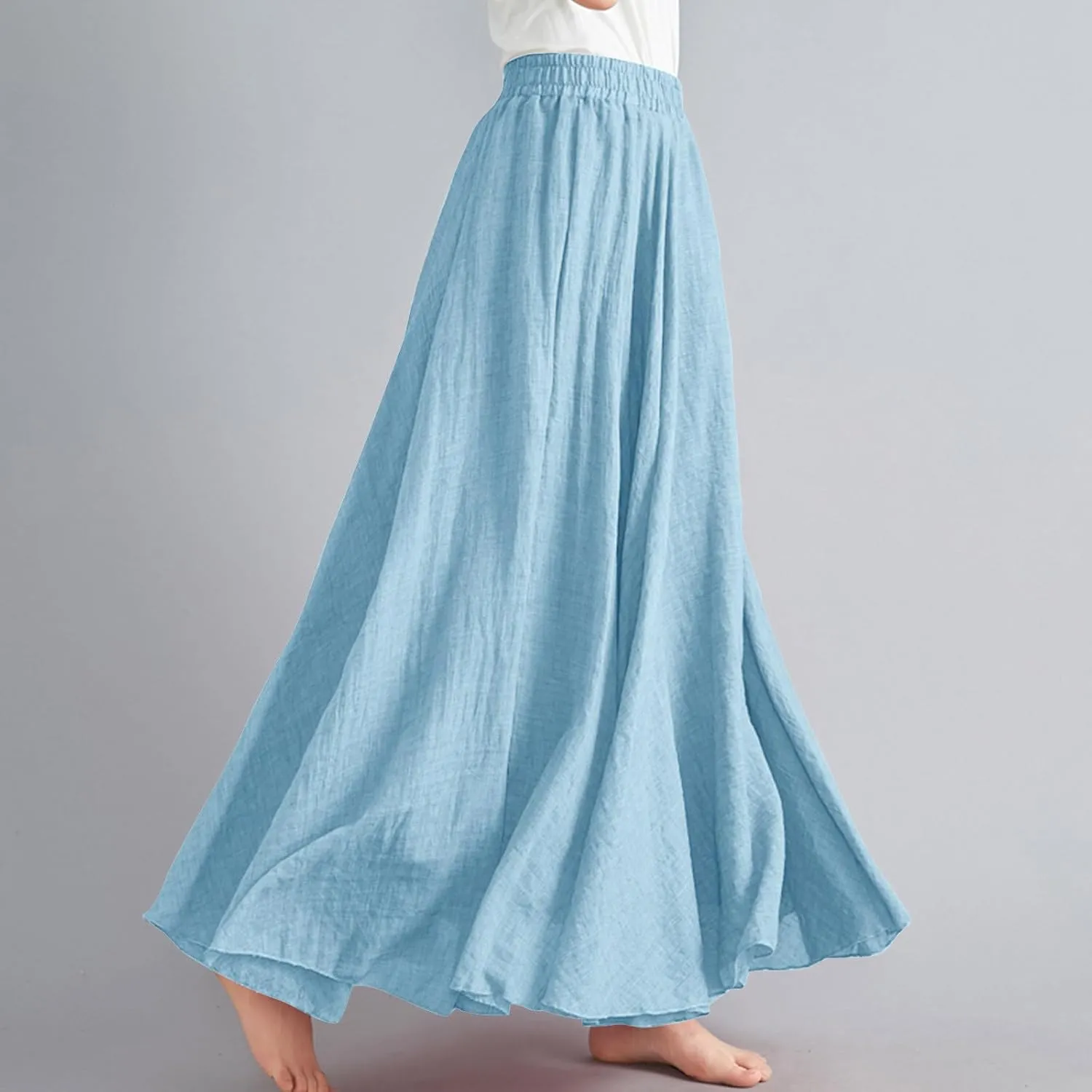 Linen Skirts Women Elastic Waist Boho Skirt Summer Beach Skirts Flowy Vacation Skirts Casual Maxi Skirts A Line Skirt