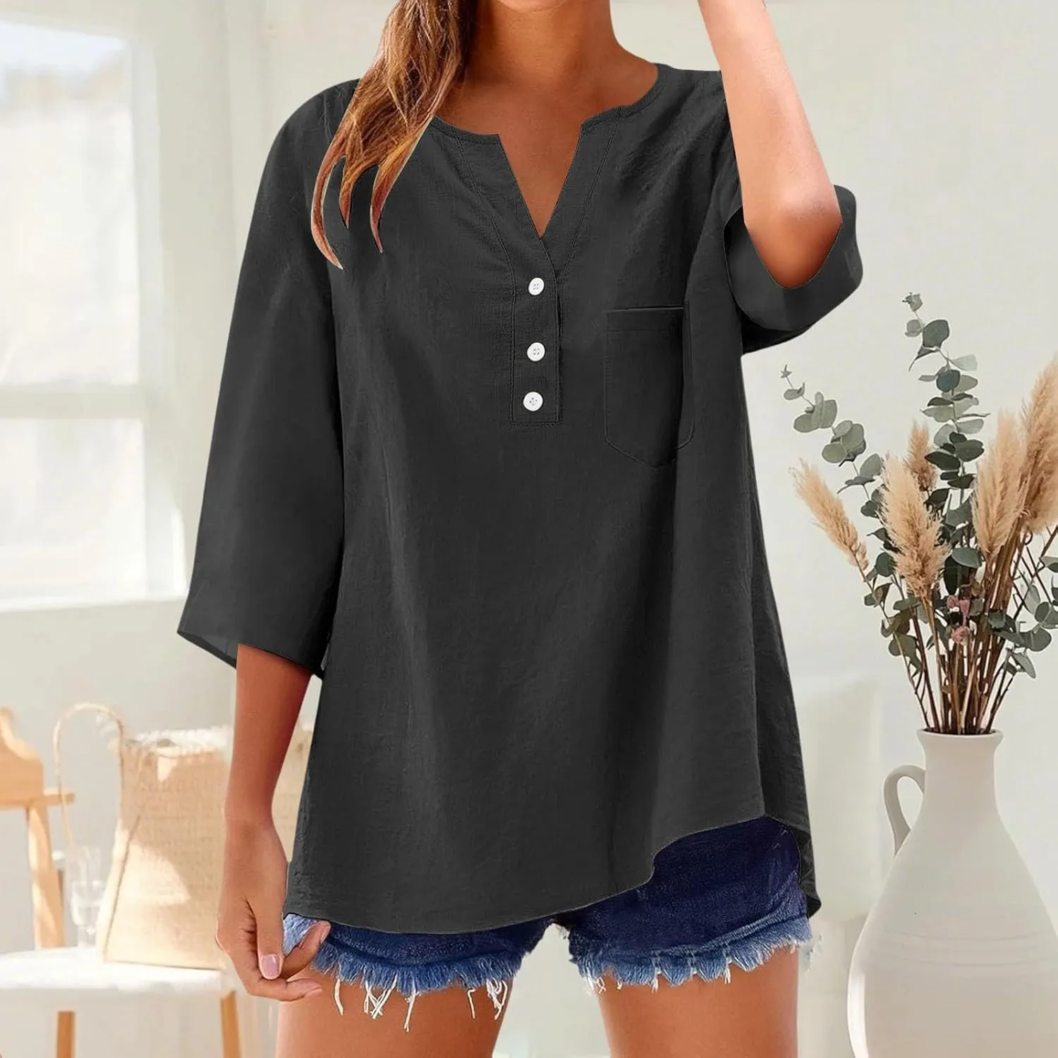 Linen Tops for Women 2025 Summer Trendy Short Sleeve Tshirts Workout Button Down Plus Size Cotton Linen Shirt