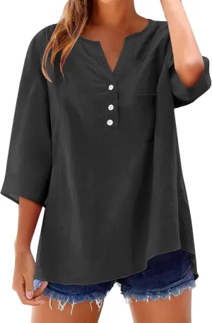 Linen Tops for Women 2025 Summer Trendy Short Sleeve Tshirts Workout Button Down Plus Size Cotton Linen Shirt