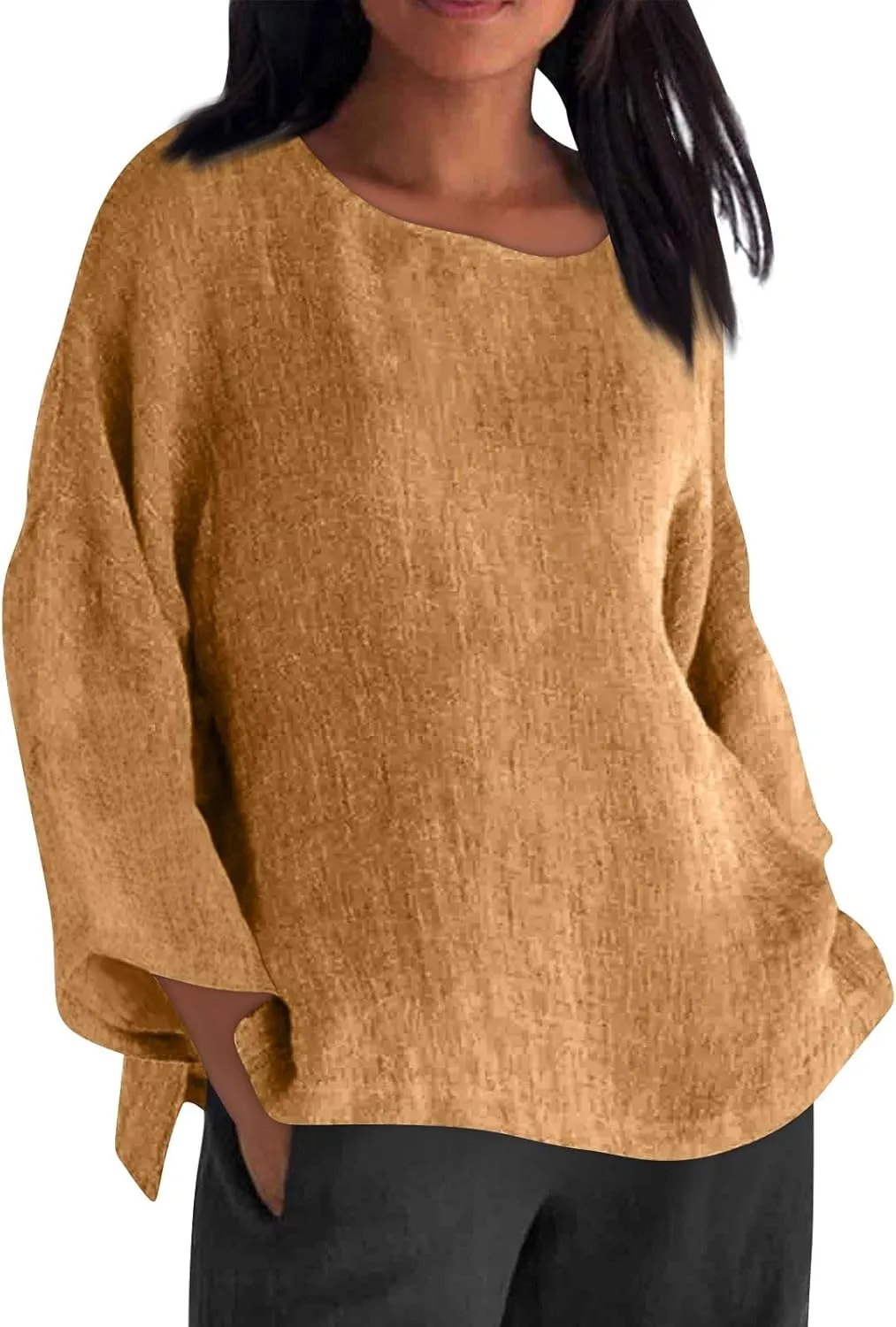 Long Sleeve Cotton Linen Shirts for Women Summer Tops Blouse Plus Size Tunic Crewneck Tshirts Tees Tunic