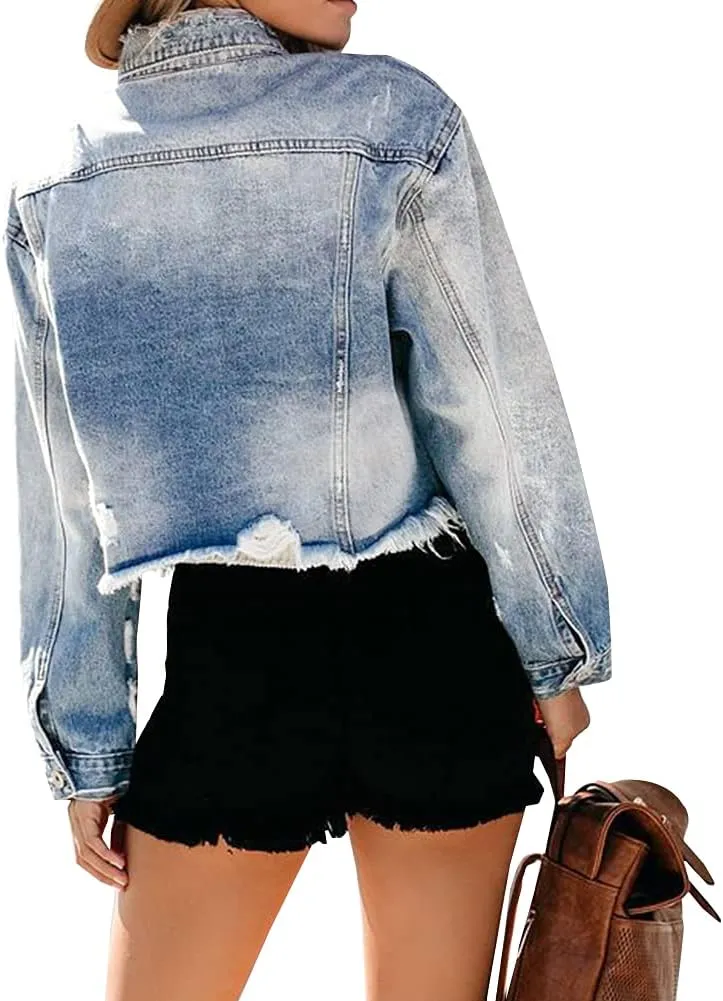 LONGYIDA Denim Jackets for Women Button Down Cropped Frayed Jean Jacket Long Sleeve Distressed Ripped Denim Jacket Coat