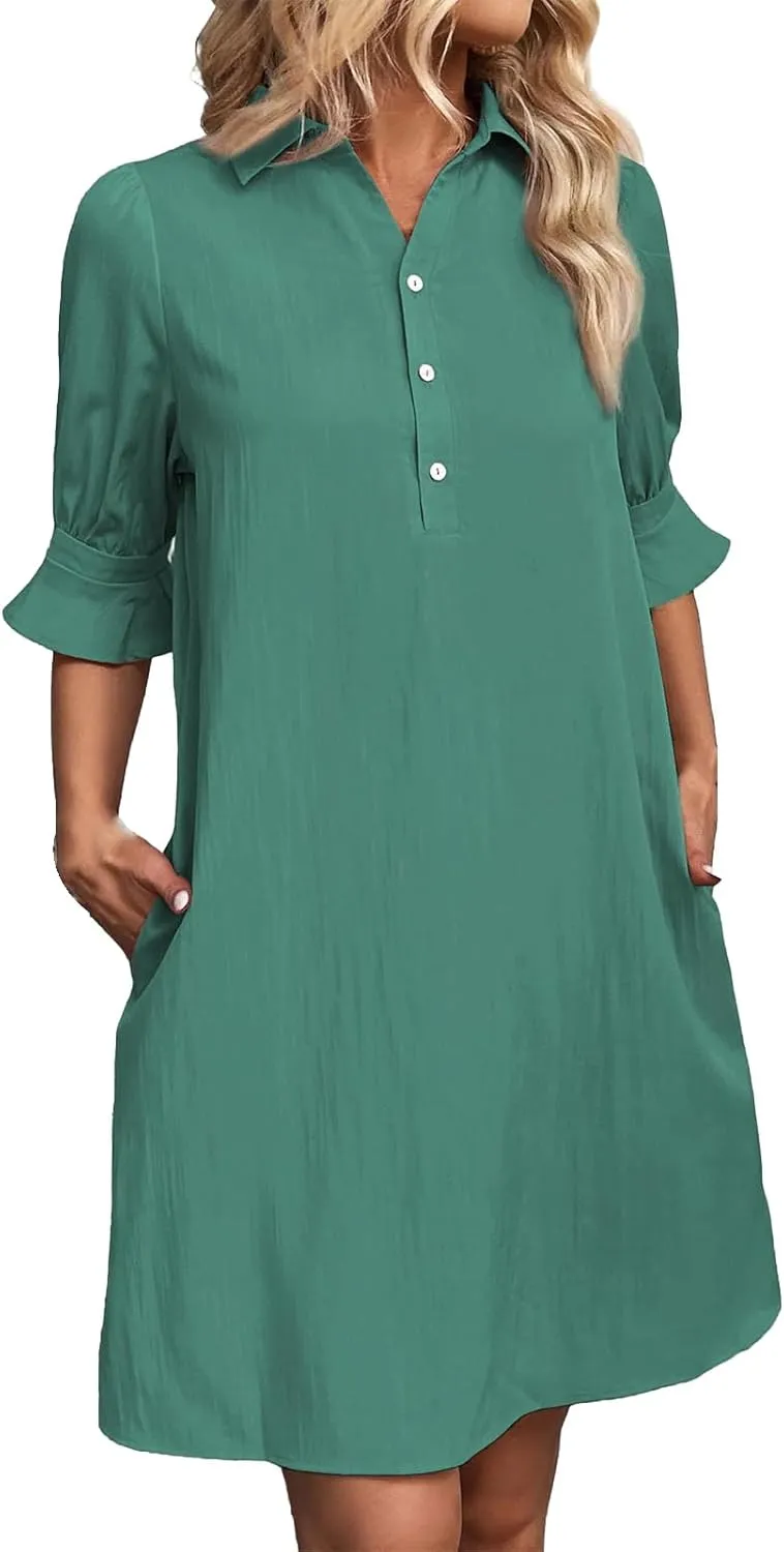 Loose Fit Dresses for Women Summer Button Down Collared Short Sleeve Mini Dress Casual Solid Color Sundress 2025