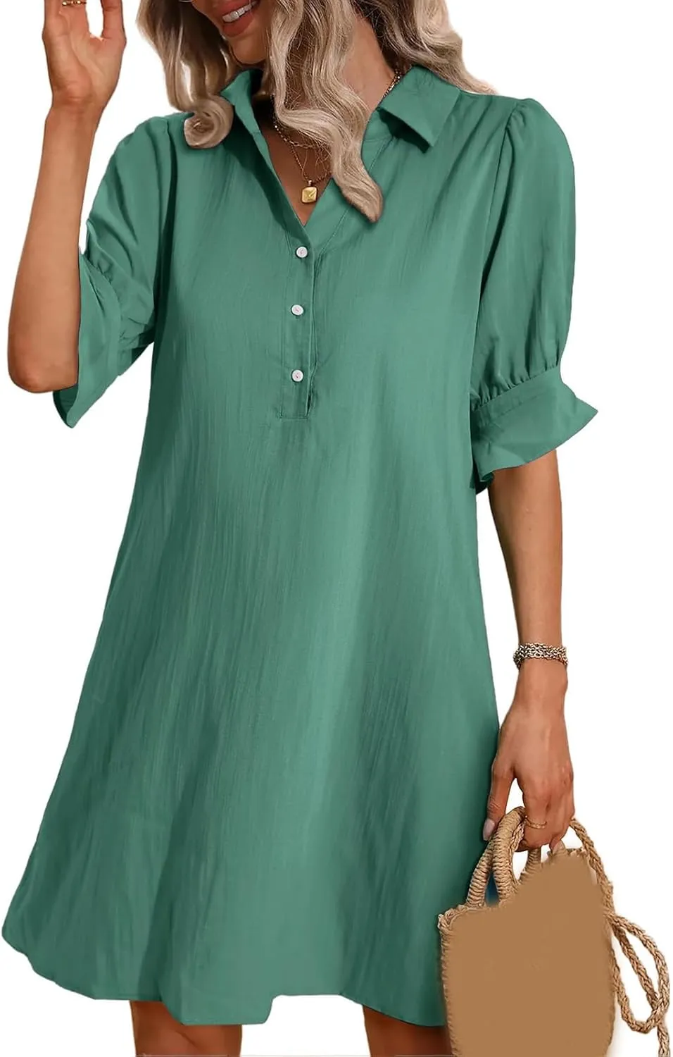 Loose Fit Dresses for Women Summer Button Down Collared Short Sleeve Mini Dress Casual Solid Color Sundress 2025