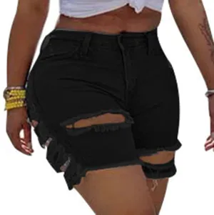Lu's Chic Women's Distressed Jean Shorts Denim Mid High Waisted Rise Ripped Frayed Light Hole