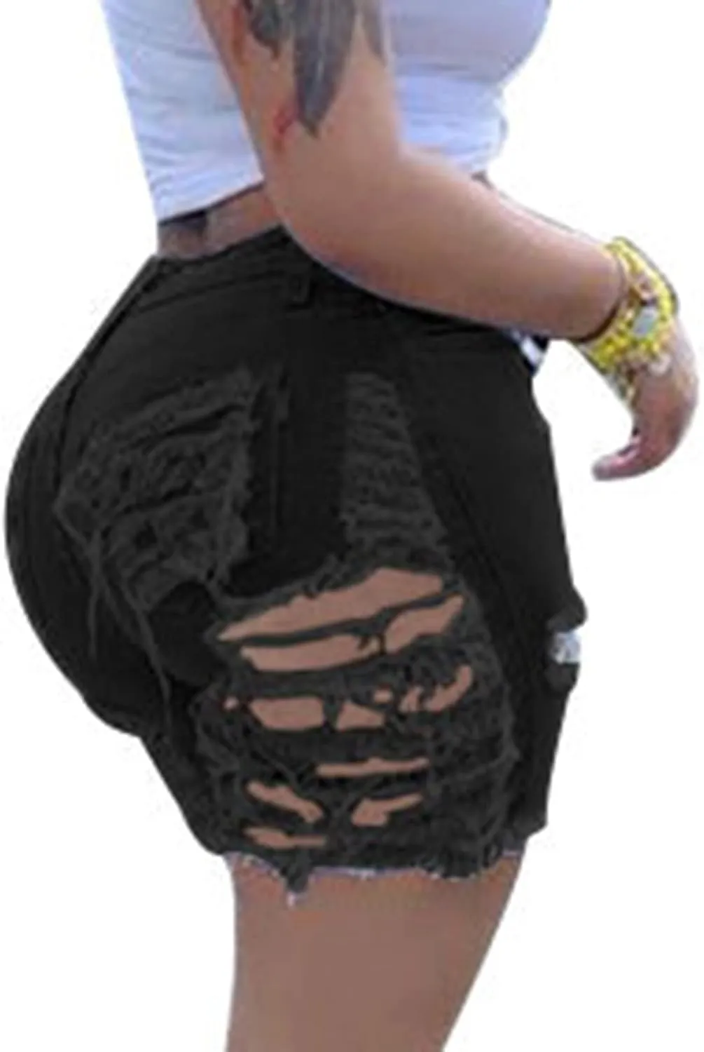 Lu's Chic Women's Distressed Jean Shorts Denim Mid High Waisted Rise Ripped Frayed Light Hole