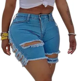Lu's Chic Women's Distressed Jean Shorts Denim Mid High Waisted Rise Ripped Frayed Light Hole