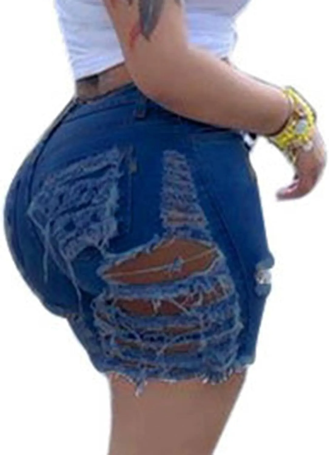 Lu's Chic Women's Distressed Jean Shorts Denim Mid High Waisted Rise Ripped Frayed Light Hole
