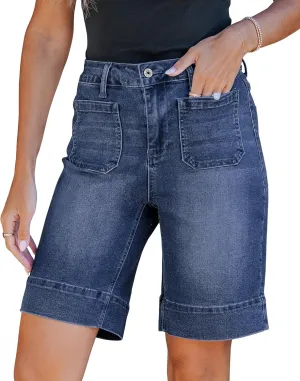 luvamia Bermuda Shorts for Women High Waisted Trendy Patch Pocket Casual Vintage Long Stretchy Denim Shorts Summer Jorts