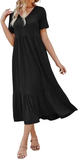 Maxi Dress for Women Summer V Neck Short Sleeve Dresses Casual Loose High Waisted Solid Pleated Hem Beach Sundress