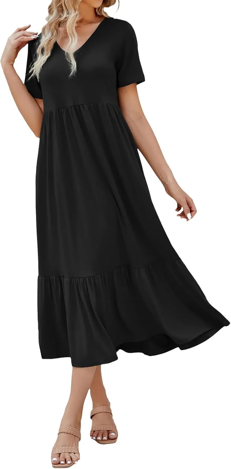 Maxi Dress for Women Summer V Neck Short Sleeve Dresses Casual Loose High Waisted Solid Pleated Hem Beach Sundress