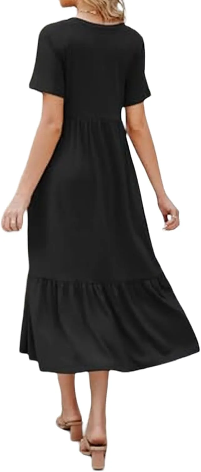 Maxi Dress for Women Summer V Neck Short Sleeve Dresses Casual Loose High Waisted Solid Pleated Hem Beach Sundress