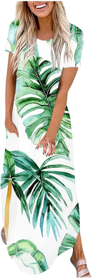 Maxi Dresses for Women 2025 Short Sleeve Casual Flowy Flowy Long Dress Beach Vocation Shift Dress