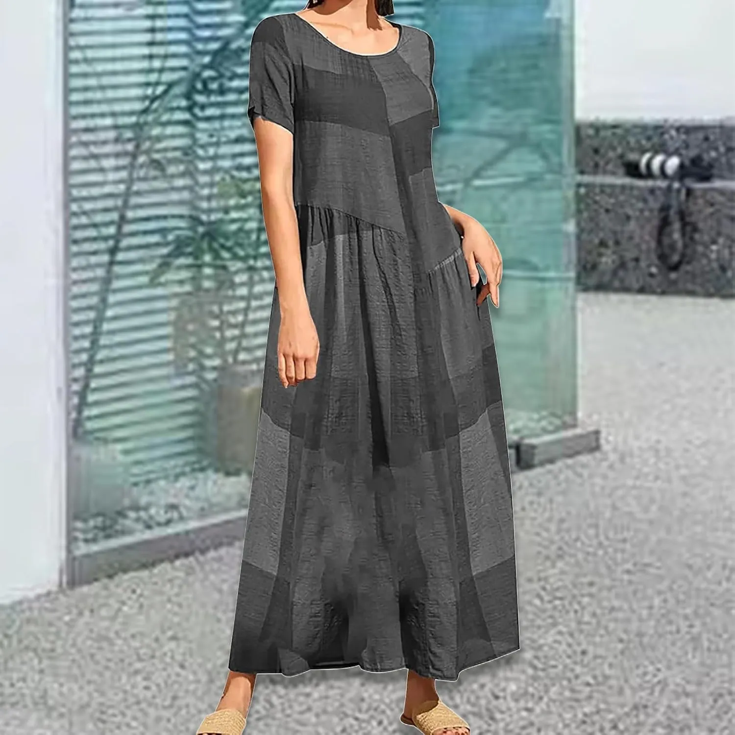Maxi Dresses for Women 2025 Short Sleeve Crewneck Long Dress Ruffle Flowy Swing Dress Loose Waist Casual Summer Maxi