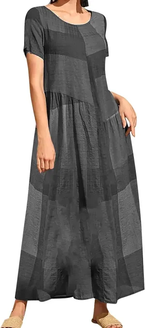 Maxi Dresses for Women 2025 Short Sleeve Crewneck Long Dress Ruffle Flowy Swing Dress Loose Waist Casual Summer Maxi