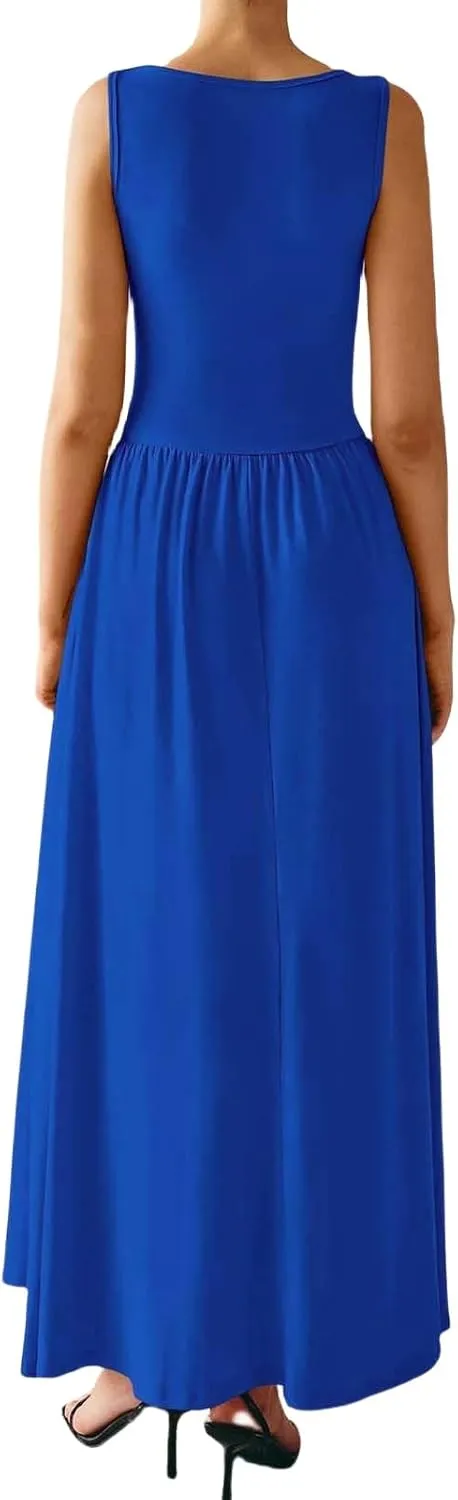 Maxi Dresses for Women 2025 Sleeveless Crewneck Tank Dress A line Pleated Flowy Dresses Elegant Wedding Guest Dress
