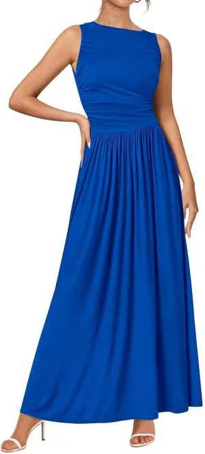 Maxi Dresses for Women 2025 Sleeveless Crewneck Tank Dress A line Pleated Flowy Dresses Elegant Wedding Guest Dress
