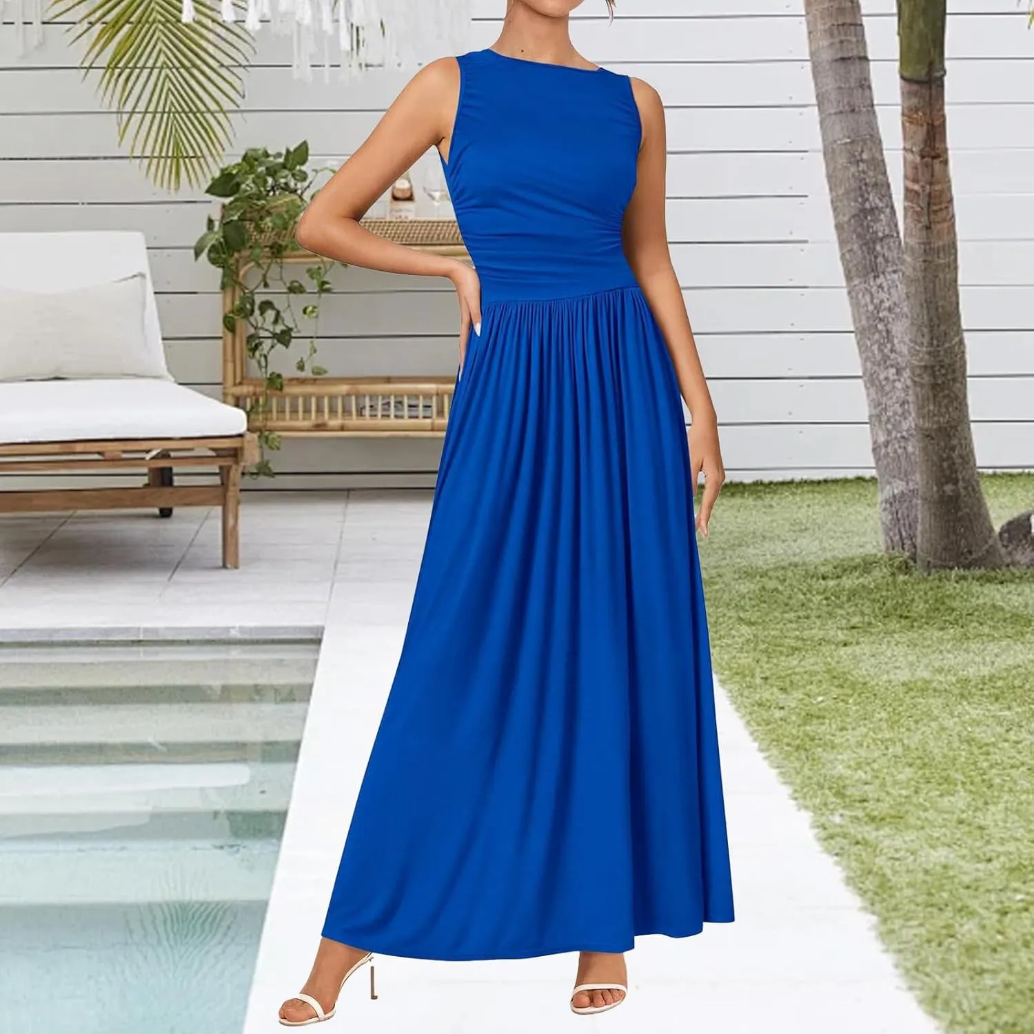 Maxi Dresses for Women 2025 Sleeveless Crewneck Tank Dress A line Pleated Flowy Dresses Elegant Wedding Guest Dress