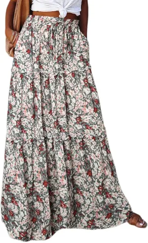 Maxi Skirt for Women 2025 Summer Layered Tiered Elastic Skirt Ruffle A Line Skirts Long Bohemian Skirts with Pockets