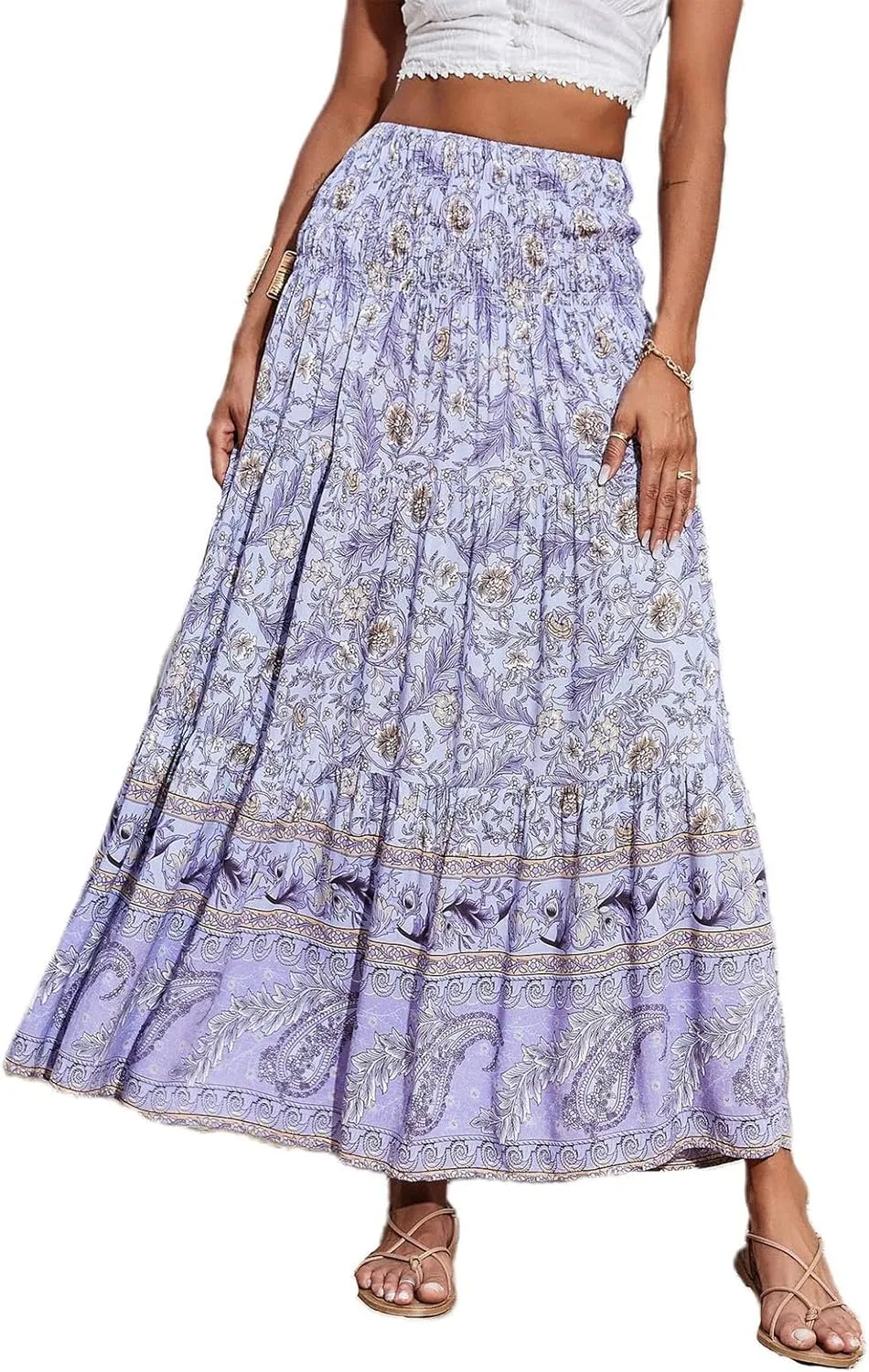 Maxi Skirt for Women Boho Summer Tiered Drawstring High Waisted Skirts Pleated Aline Skirts Elegant Long Skirt