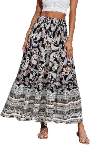 Maxi Skirt for Women Boho Summer Tiered Drawstring High Waisted Skirts Pleated Aline Skirts Elegant Long Skirt