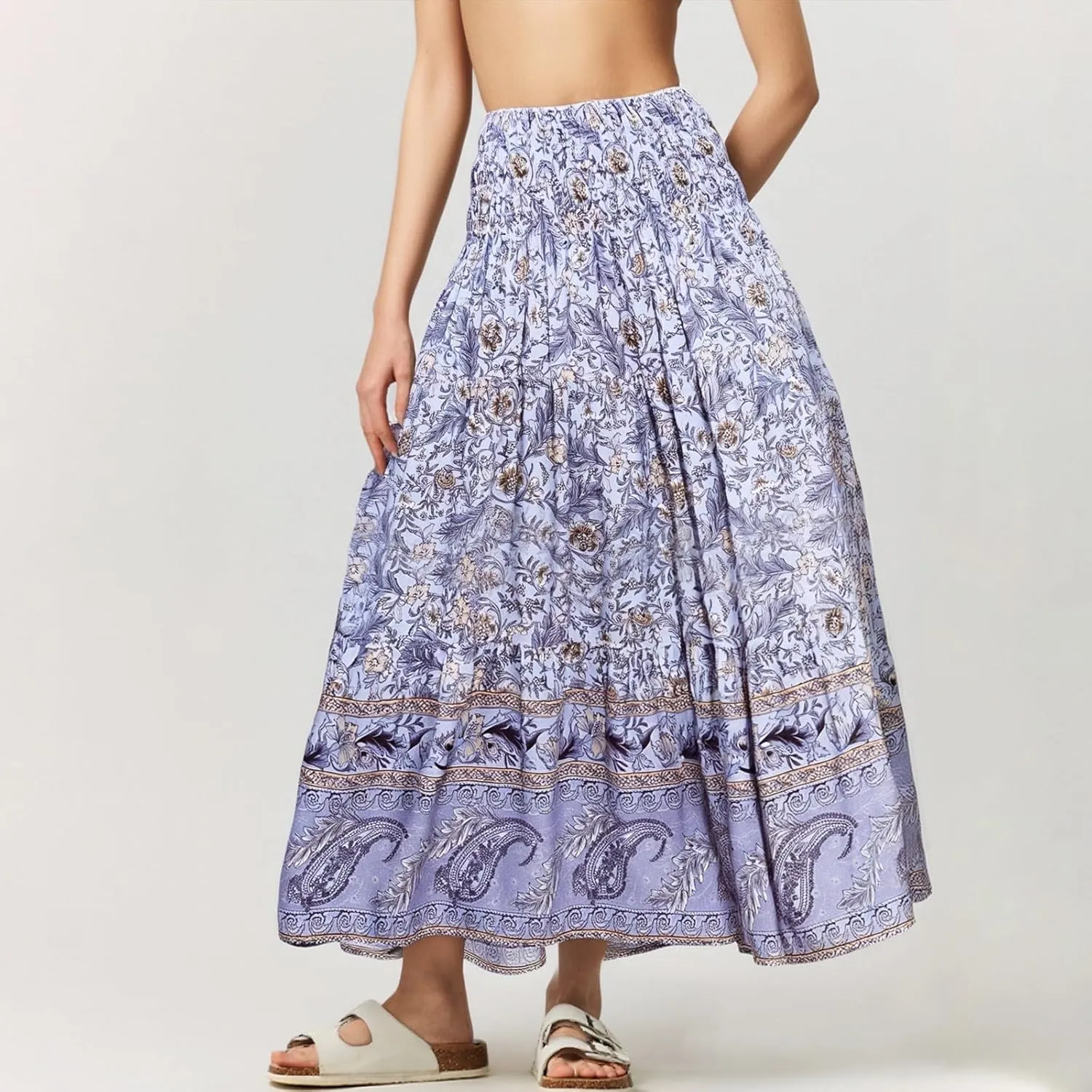 Maxi Skirt for Women Boho Summer Tiered Drawstring High Waisted Skirts Pleated Aline Skirts Elegant Long Skirt