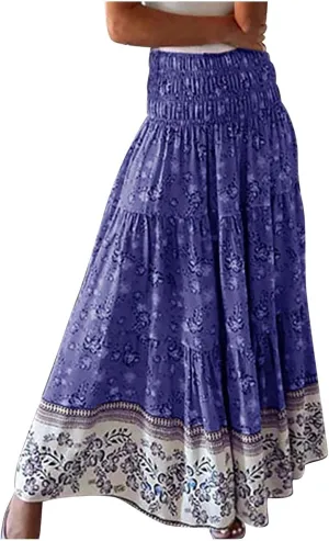 Maxi Skirt for Women Boho Summer Tiered Drawstring High Waisted Skirts Pleated Aline Skirts Elegant Long Skirt