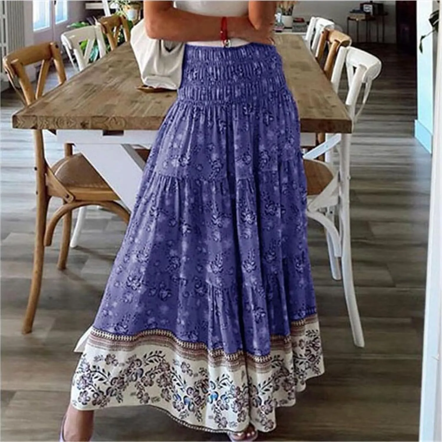 Maxi Skirt for Women Boho Summer Tiered Drawstring High Waisted Skirts Pleated Aline Skirts Elegant Long Skirt