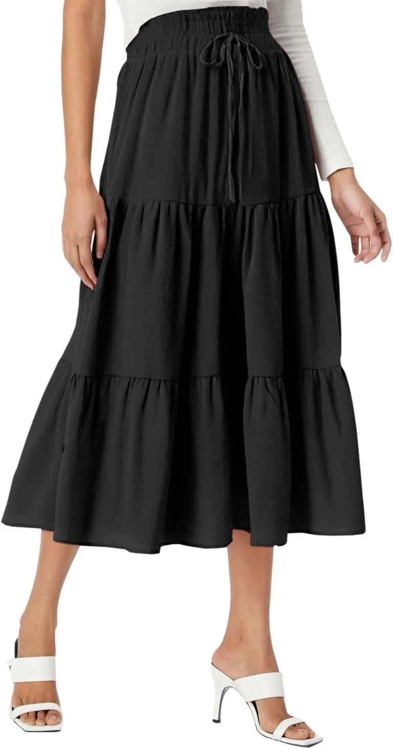 Maxi Skirt for Women Long Drawstring High Elastic Waist Ruffles A-Line Loose Solid Color Casual Midi Skirts Loungewear