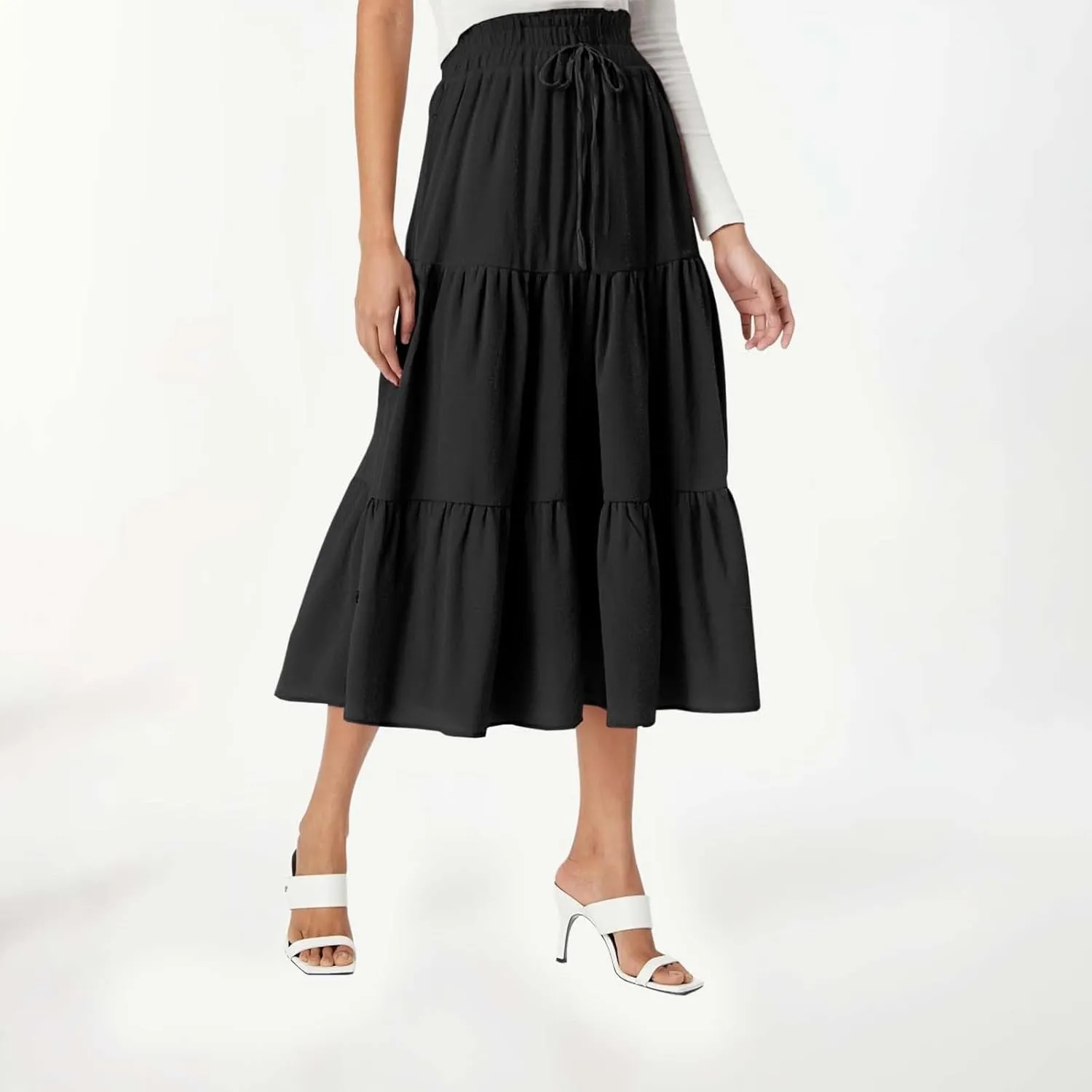 Maxi Skirt for Women Long Drawstring High Elastic Waist Ruffles A-Line Loose Solid Color Casual Midi Skirts Loungewear