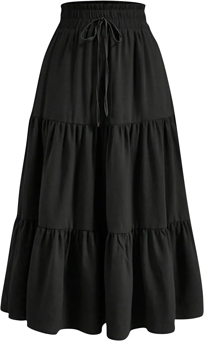 Maxi Skirts for Women High Waisted Tiered A Line Long Skirt Drawstring Flowy Floral Pleated Summer Skirt with Pockets