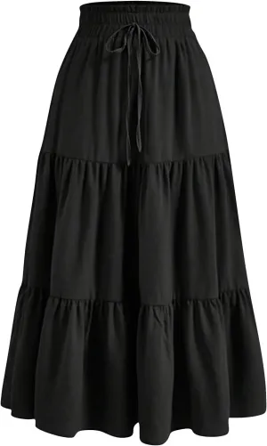 Maxi Skirts for Women High Waisted Tiered A Line Long Skirt Drawstring Flowy Floral Pleated Summer Skirt with Pockets
