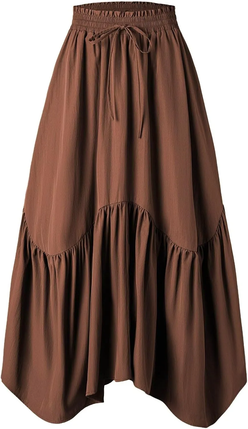 Maxi Skirts for Women Summer Boho Flowy Swing Ruffle Tiered A-Line Drawstring Elastic Waist Pleated Long Skirt Dress