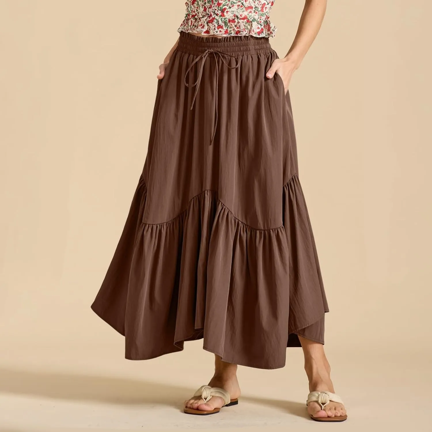 Maxi Skirts for Women Summer Boho Flowy Swing Ruffle Tiered A-Line Drawstring Elastic Waist Pleated Long Skirt Dress